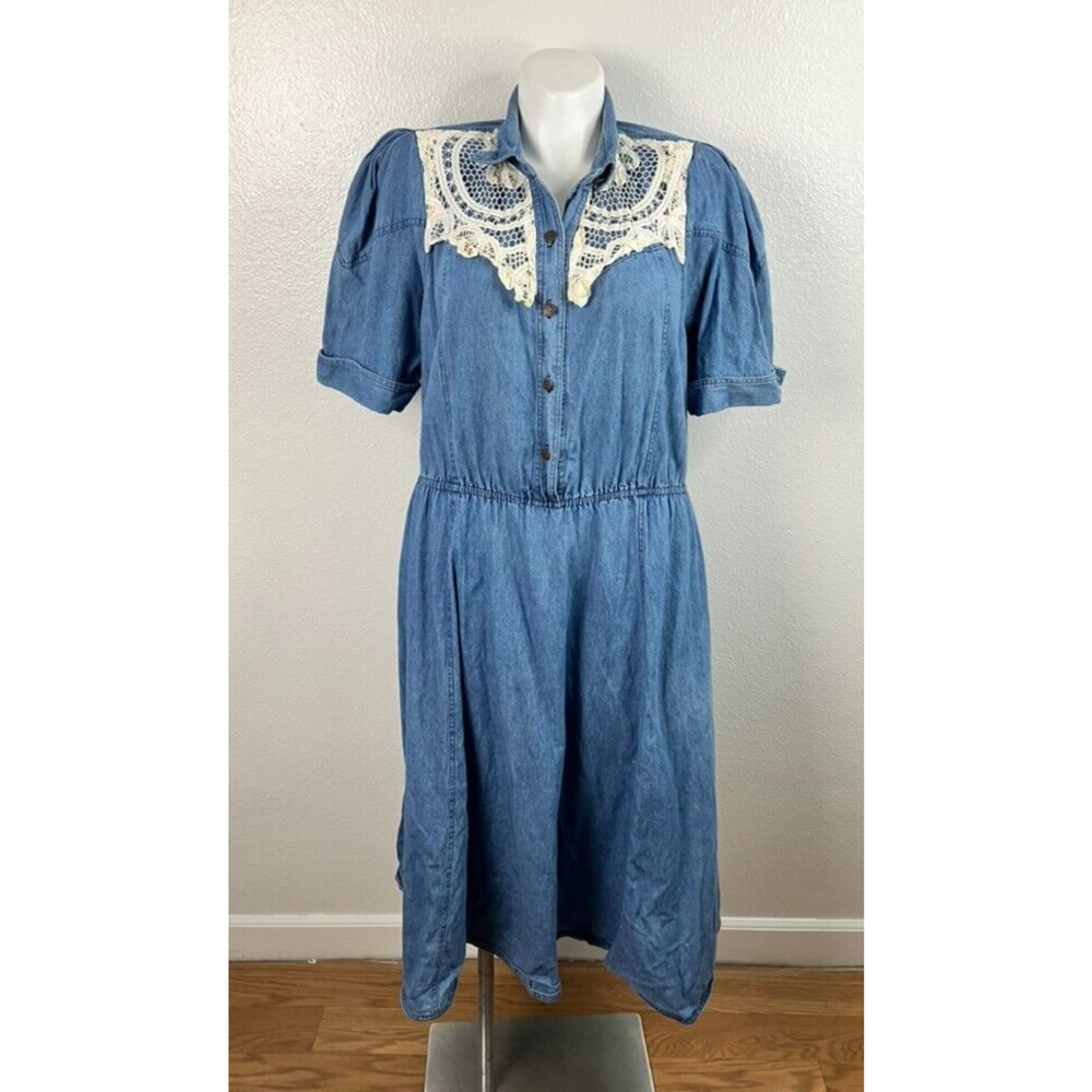 Vintage Spencer Alexis Chambray Denim Dress Size 18 Petite Lace 90s Cottagecore